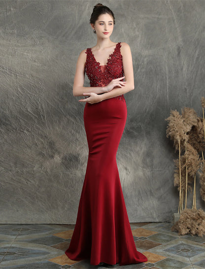 Wholesale Mermaid / Trumpet Evening Gown Open Back Dress Formal Wedding Guest Sweep / Brush Train Sleeveless V Neck Cotton Blend with Beading Appliques