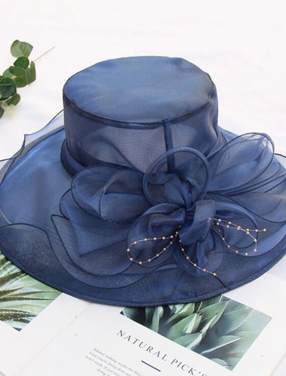 Wholesale Straw Hat Vintage Style Elegant Tulle Organza Hats Headwear with Faux Pearl Flower Ruffle 1 PC Wedding Tea Party Horse Race Headpiece