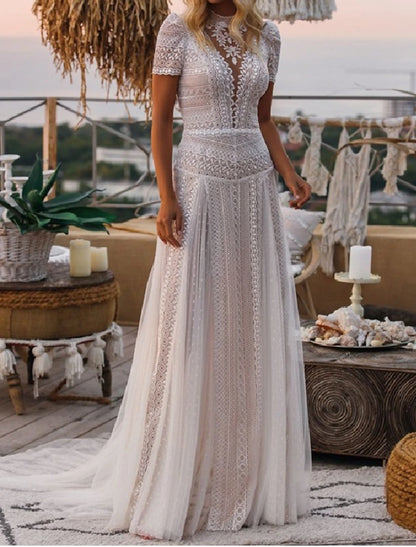 Wholesale Beach Boho Wedding Dresses A-Line Illusion Neck Short Sleeve Court Train Lace Outdoor Bridal Gowns With Appliques