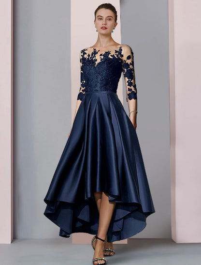 Wholesale  A-Line Mother of the Bride Dress Fall Wedding Guest Elegant High Low Scoop Neck Asymmetrical Tea Length Satin Lace 3/4 Length Sleeve with Pleats Appliques