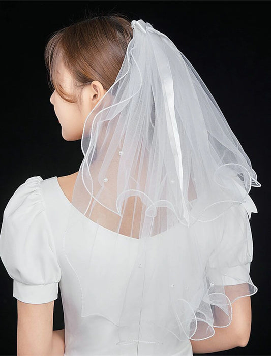 Wholesale Two-tier Personalized / Pearls Wedding Veil Elbow Veils with Faux Pearl / Satin Bow Tulle