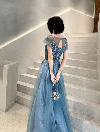 Wholesale A-Line Mother of the Bride Dress Fall Wedding Guest Dresses Elegant Jewel Neck Floor Length Tulle Short Sleeve with Pleats Appliques