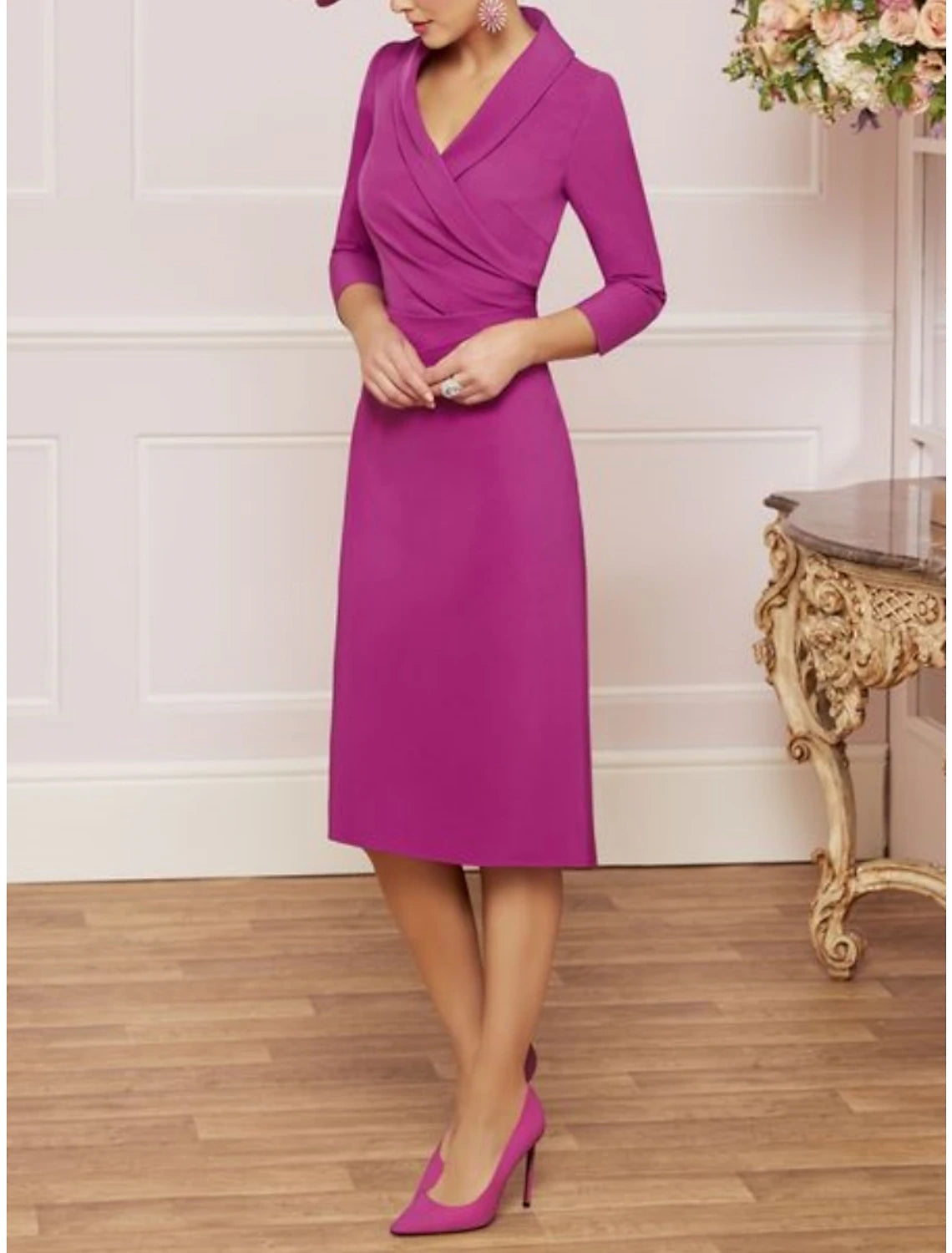 Wholesale Sheath / Column Mother of the Bride Dress Wedding Guest Elegant Petite V Neck Knee Length Satin 3/4 Length Sleeve with Ruching Solid Color