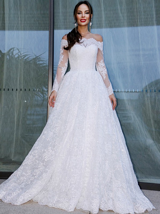 Wholesale Ball Gown Bateau Long Sleeves Lace Floor-Length Wedding Dresses