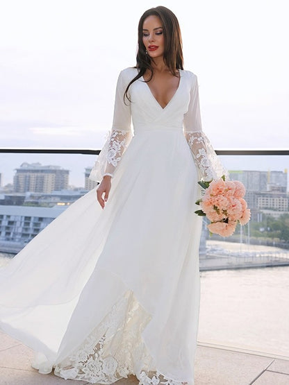 Wholesale A-Line/Princess Lace V-neck Long Sleeves Sash/Ribbon/Belt Sweep/Brush Train Wedding Dresses