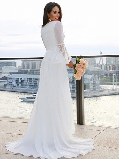 Wholesale A-Line/Princess Lace V-neck Long Sleeves Sash/Ribbon/Belt Sweep/Brush Train Wedding Dresses