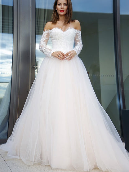 Wholesale A-Line/Princess Long Sleeves Tulle Applique Off-the-Shoulder Court Train Wedding Dresses