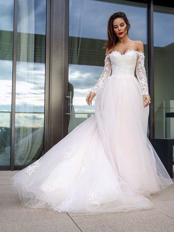 Wholesale A-Line/Princess Long Sleeves Tulle Applique Off-the-Shoulder Court Train Wedding Dresses