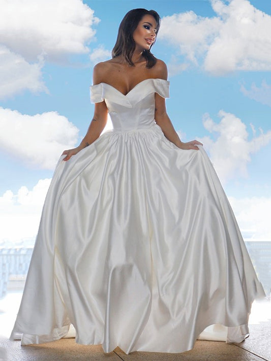 Wholesale Ball Gown Satin Ruffles Off-the-Shoulder Sleeveless Court Train Wedding Dresses