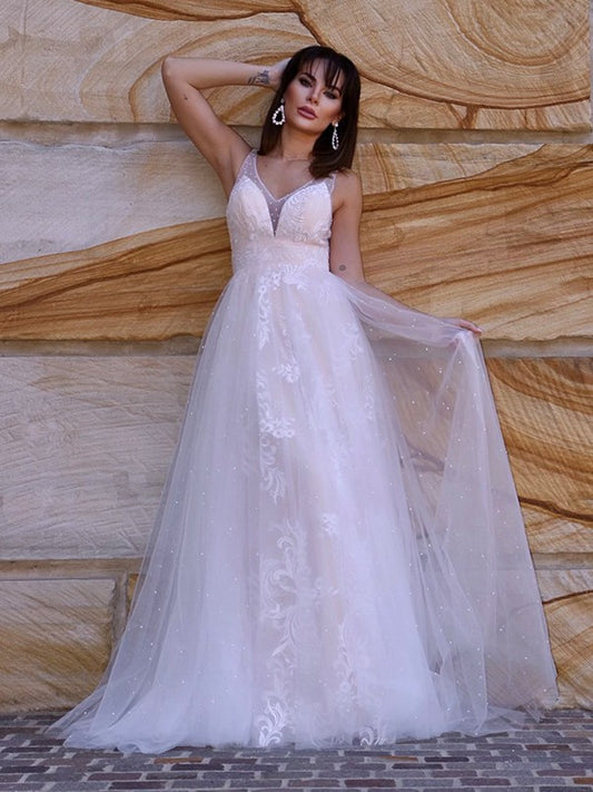 Wholesale A-Line/Princess Lace Applique V-neck Sleeveless Sweep/Brush Train Wedding Dresses