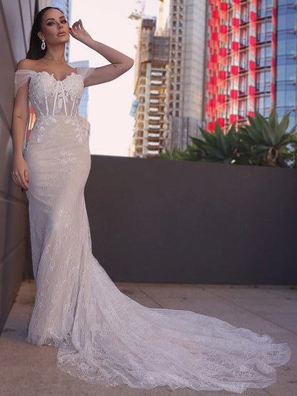 Wholesale Sheath/Column Lace Sleeveless Off-the-Shoulder Applique Court Train Wedding Dresses