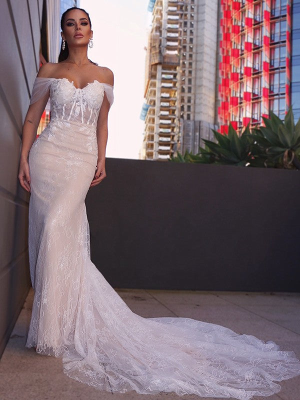 Wholesale Sheath/Column Lace Sleeveless Off-the-Shoulder Applique Court Train Wedding Dresses