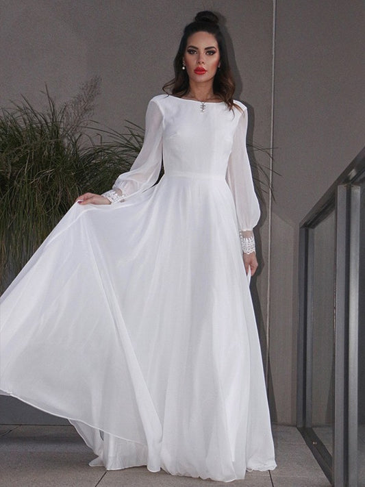 Wholesale A-Line/Princess Chiffon Ruffles Long Sleeves Scoop Sweep/Brush Train Wedding Dresses