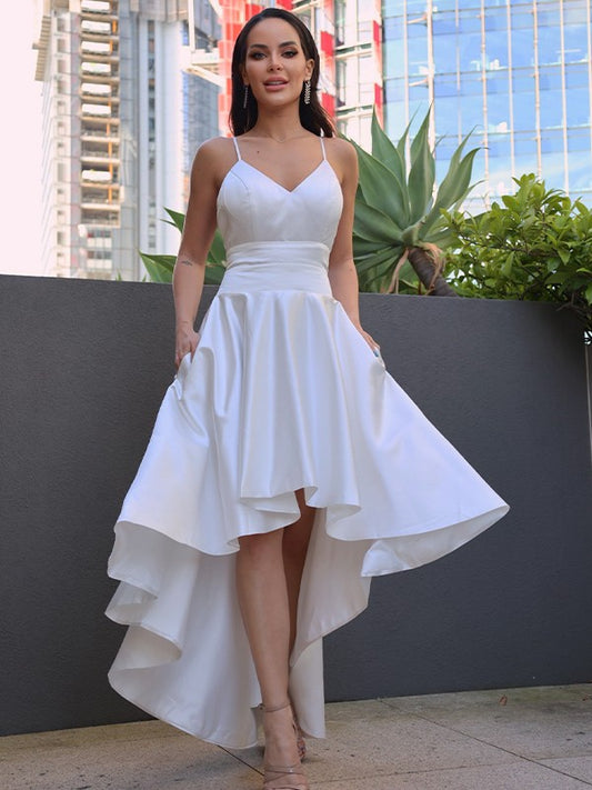 Wholesale A-Line/Princess Satin Ruched V-neck Sleeveless Asymmetrical Wedding Dresses