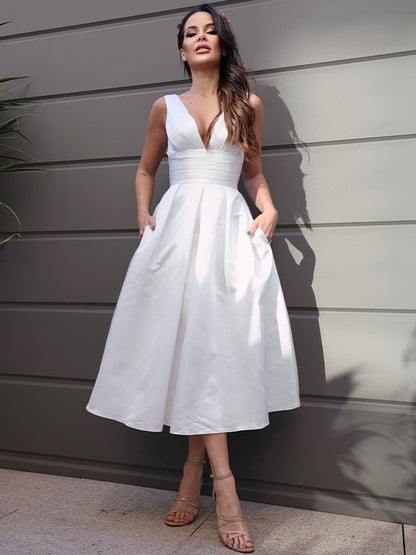 Wholesale A-Line/Princess Satin Ruched V-neck Sleeveless Tea-Length Wedding Dresses