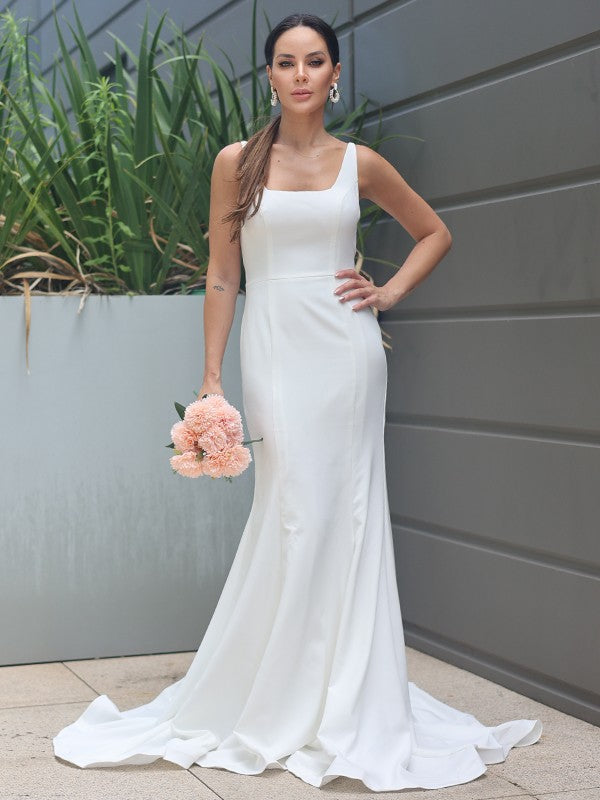 Wholesale Sheath/Column Stretch Crepe Ruffles Straps Sleeveless Sweep/Brush Train Wedding Dresses