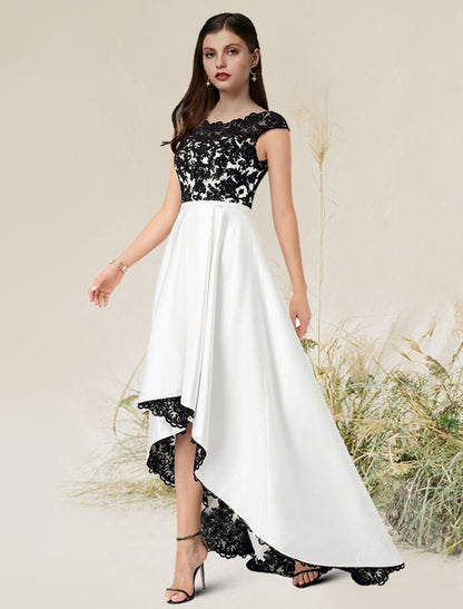 Wholesale A-Line Elegant Engagement Formal Evening Dress Jewel Neck Sleeveless Asymmetrical Satin with Appliques