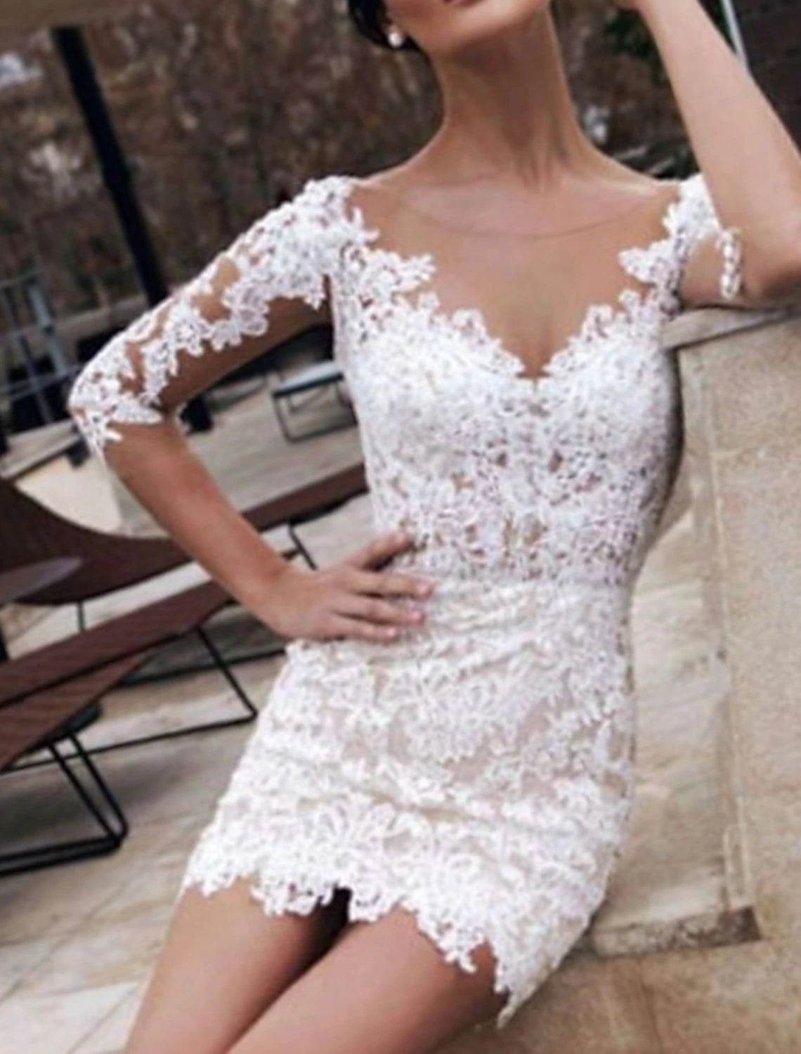 Wholesale Reception Little White Dresses Wedding Dresses Sheath / Column Illusion Neck Half Sleeve Short / Mini Lace Bridal Gowns With Appliques