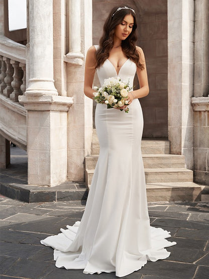 Wholesale Trumpet/Mermaid Stretch Crepe V-neck Ruffles Sleeveless Chapel Train Wedding Dresses