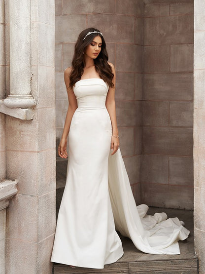 Wholesale Sheath/Column Stretch Crepe Ruched Strapless Sleeveless Court Train Wedding Dresses