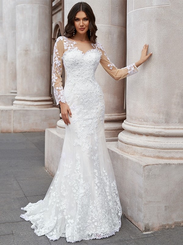 Wholesale Trumpet/Mermaid Tulle Applique Scoop Long Sleeves Sweep/Brush Train Wedding Dresses