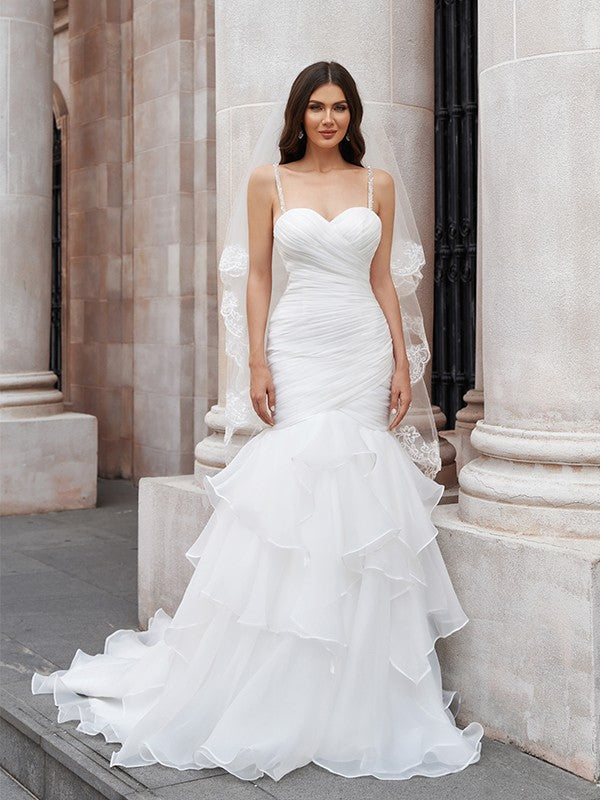 Wholesale Trumpet/Mermaid Layers Spaghetti Straps Organza Sleeveless Sweep/Brush Train Wedding Dresses