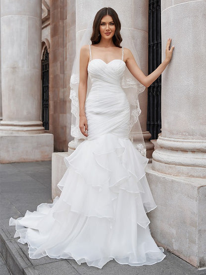 Wholesale Trumpet/Mermaid Layers Spaghetti Straps Organza Sleeveless Sweep/Brush Train Wedding Dresses