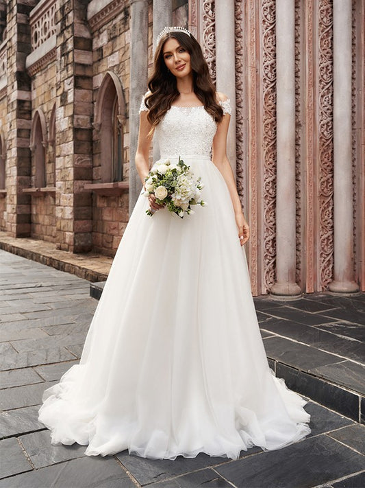 Wholesale A-Line/Princess Applique Off-the-Shoulder Sleeveless Tulle Court Train Wedding Dresses