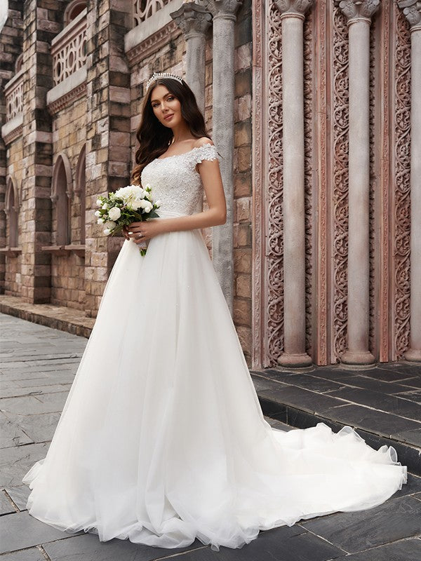 Wholesale A-Line/Princess Applique Off-the-Shoulder Sleeveless Tulle Court Train Wedding Dresses