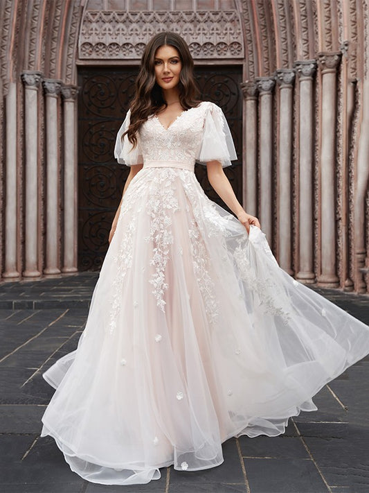 Wholesale A-Line/Princess Tulle Applique V-neck 1/2 Sleeves Court Train Wedding Dresses