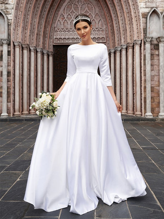 Wholesale A-Line/Princess Satin Bowknot Bateau 3/4 Sleeves Sweep/Brush Train Wedding Dresses