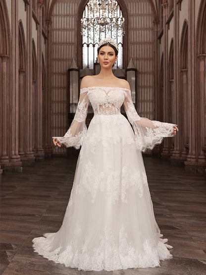 Wholesale A-Line/Princess Off-the-Shoulder Tulle Long Sleeves Applique Sweep/Brush Train Wedding Dresses