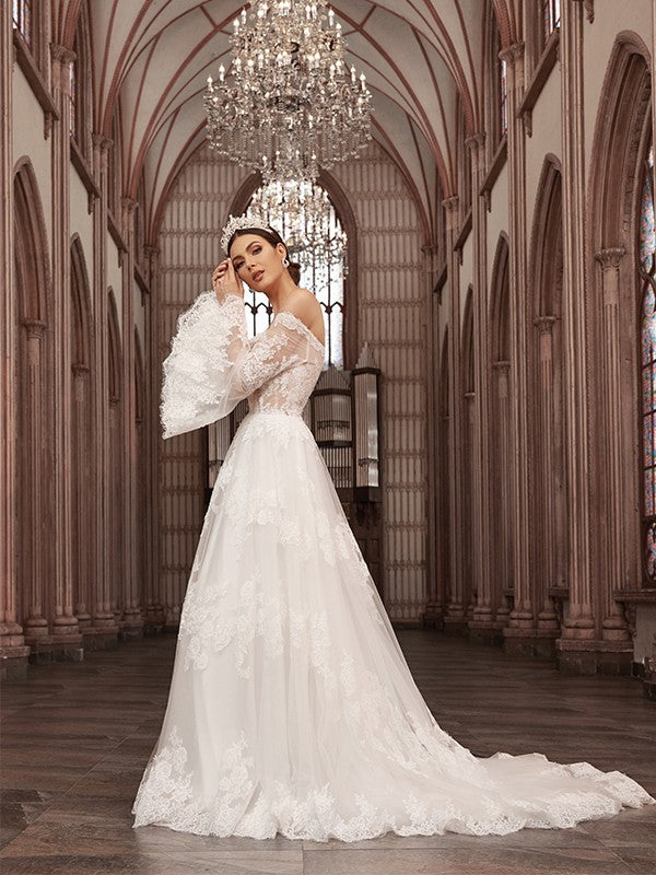 Wholesale A-Line/Princess Off-the-Shoulder Tulle Long Sleeves Applique Sweep/Brush Train Wedding Dresses