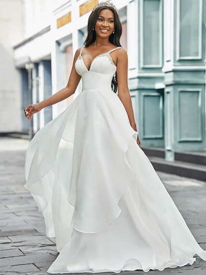 Wholesale A-Line/Princess V-neck Organza Sleeveless Beading Sweep/Brush Train Wedding Dresses