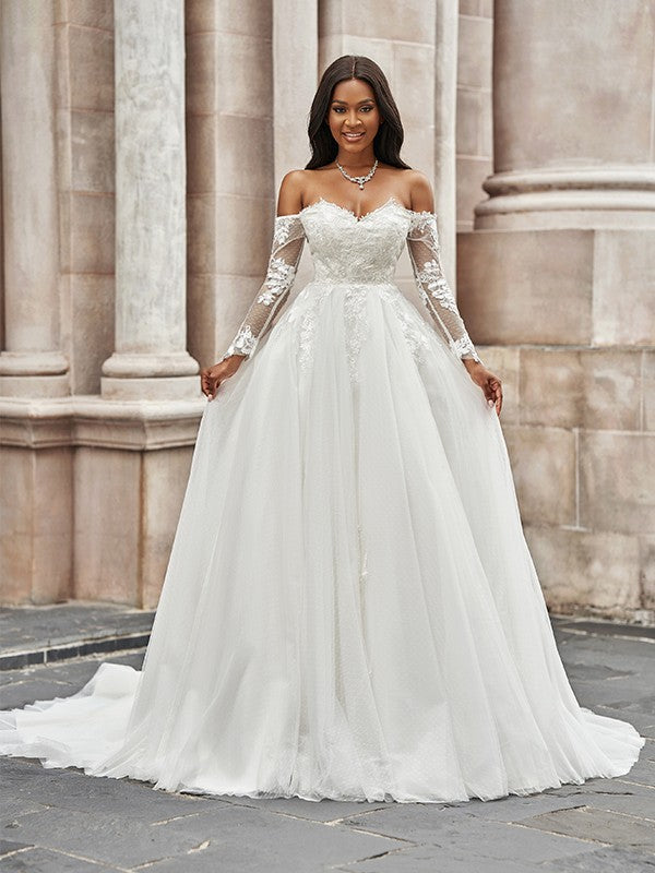 Wholesale A-Line/Princess Tulle Applique Off-the-Shoulder Long Sleeves Sweep/Brush Train Wedding Dresses