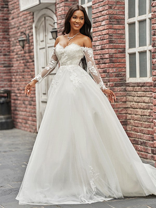 Wholesale A-Line/Princess Tulle Applique Off-the-Shoulder Long Sleeves Sweep/Brush Train Wedding Dresses