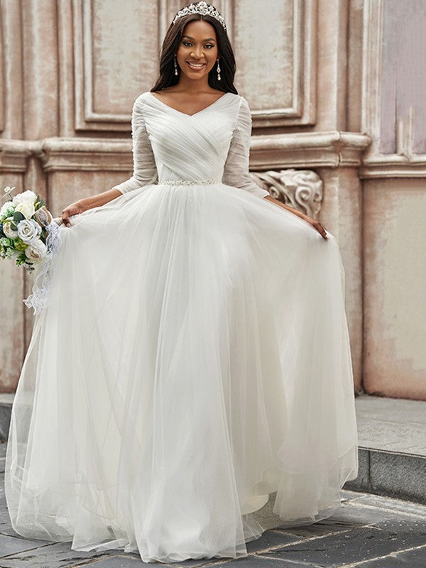 Wholesale A-Line/Princess Ruched Sweetheart Tulle 3/4 Sleeves Sweep/Brush Train Wedding Dresses