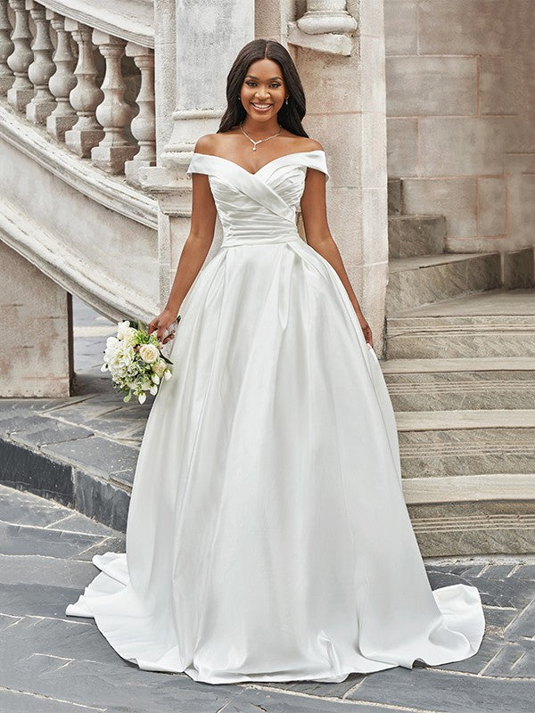 Wholesale A-Line/Princess Off-the-Shoulder Ruched Sleeveless Satin Court Train Wedding Dresses