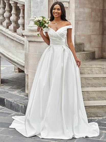 Wholesale A-Line/Princess Off-the-Shoulder Ruched Sleeveless Satin Court Train Wedding Dresses