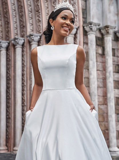 Wholesale A-Line/Princess Satin Bateau Ruffles Sleeveless Sweep/Brush Train Wedding Dresses