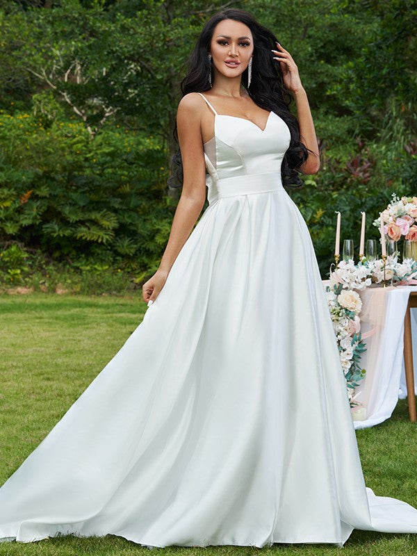 Wholesale A-Line/Princess Satin Bowknot V-neck Sleeveless Sweep/Brush Train Wedding Dresses