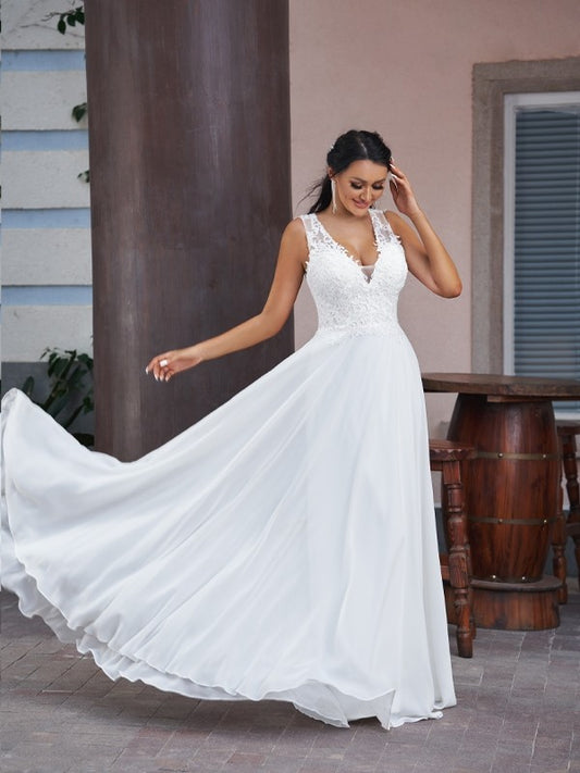 Wholesale A-Line/Princess Chiffon Lace V-neck Sleeveless Floor-Length Wedding Dresses