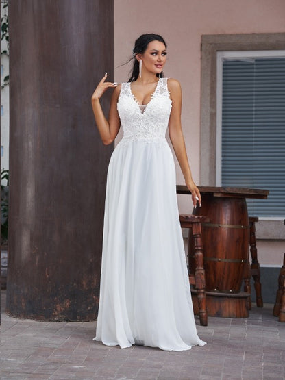 Wholesale A-Line/Princess Chiffon Lace V-neck Sleeveless Floor-Length Wedding Dresses