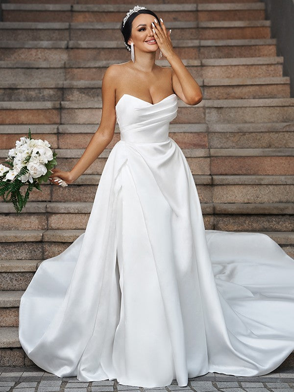 Wholesale A-Line/Princess Satin Ruffles Sweetheart Sleeveless Chapel Train Wedding Dresses