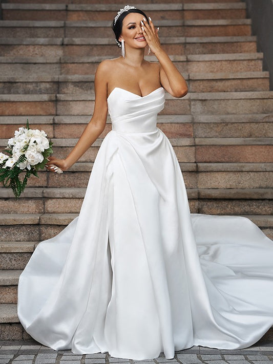 Wholesale A-Line/Princess Satin Ruffles Sweetheart Sleeveless Chapel Train Wedding Dresses