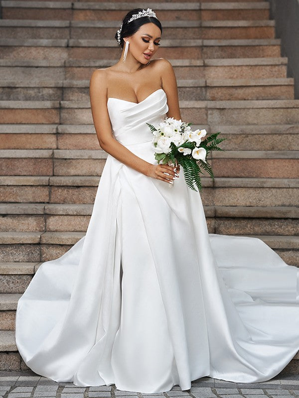 Wholesale A-Line/Princess Satin Ruffles Sweetheart Sleeveless Chapel Train Wedding Dresses