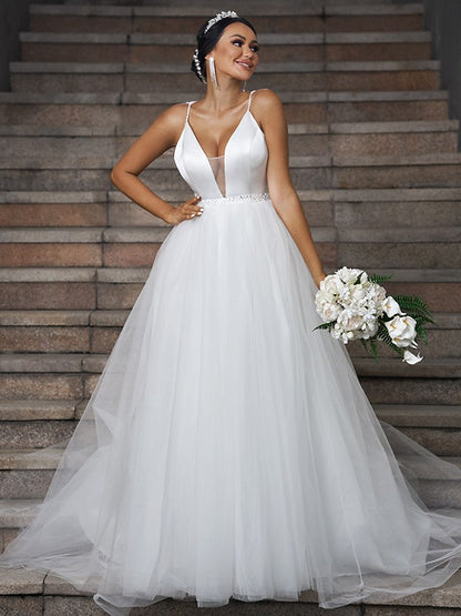 Wholesale A-Line/Princess Tulle Ruffles V-neck Sleeveless Sweep/Brush Train Wedding Dresses