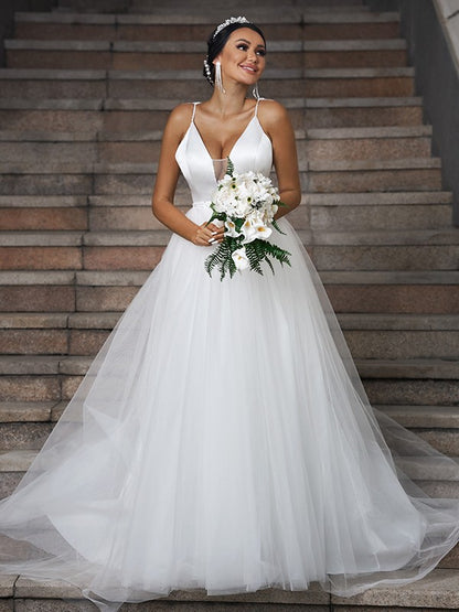 Wholesale A-Line/Princess Tulle Ruffles V-neck Sleeveless Sweep/Brush Train Wedding Dresses