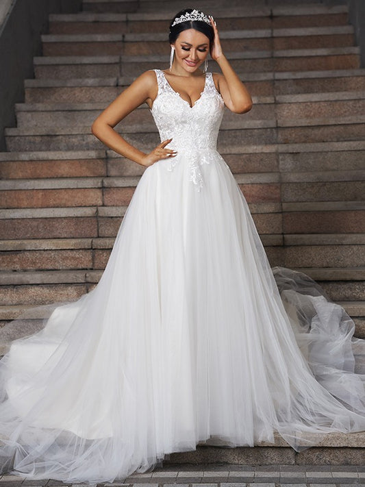 Wholesale A-Line/Princess Tulle Applique V-neck Sleeveless Chapel Train Wedding Dresses