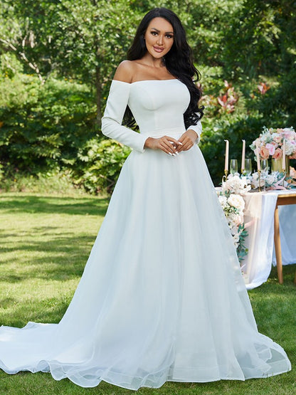 Wholesale A-Line/Princess Tulle Ruffles Off-the-Shoulder Long Sleeves Sweep/Brush Train Wedding Dresses